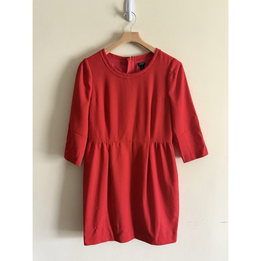 J Crew Dress Red‎ 3/4 Sleeves Lined Size 12 Large Shift wool blend Holiday